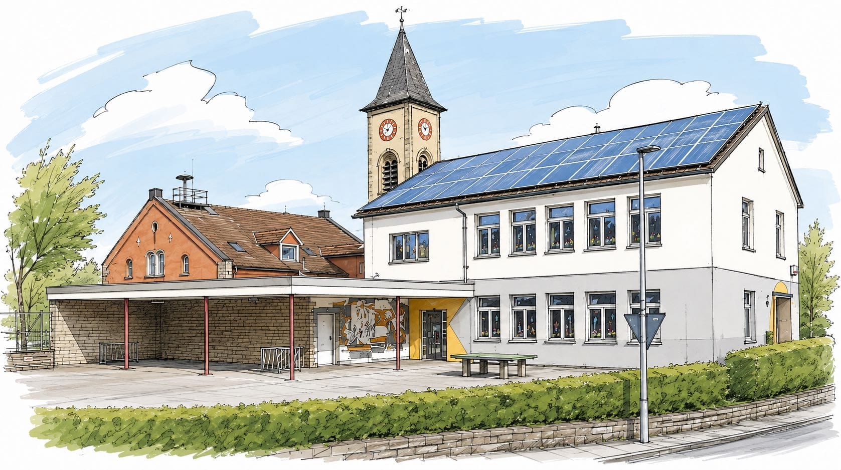 Aquarellzeichnung der Grundschule Züttlingen: rechts das weiße zweistöckige Schulhaus mit Solarmodulen auf dem Dach und bunt geschmückten Fenstern, davor eine überdachte Pausenhalle mit rot gestrichenen Stützen, Wandbild und Fahrradständern. Links ein Backsteingebäude mit rotem Ziegeldach, in der Mitte der Kirchturm mit Uhr. Vor dem Schulhof eine geschnittene Hecke an der Straße.
